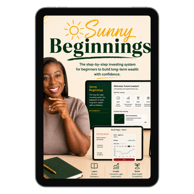 Sunny Beginnings investing course shown on a tablet screen